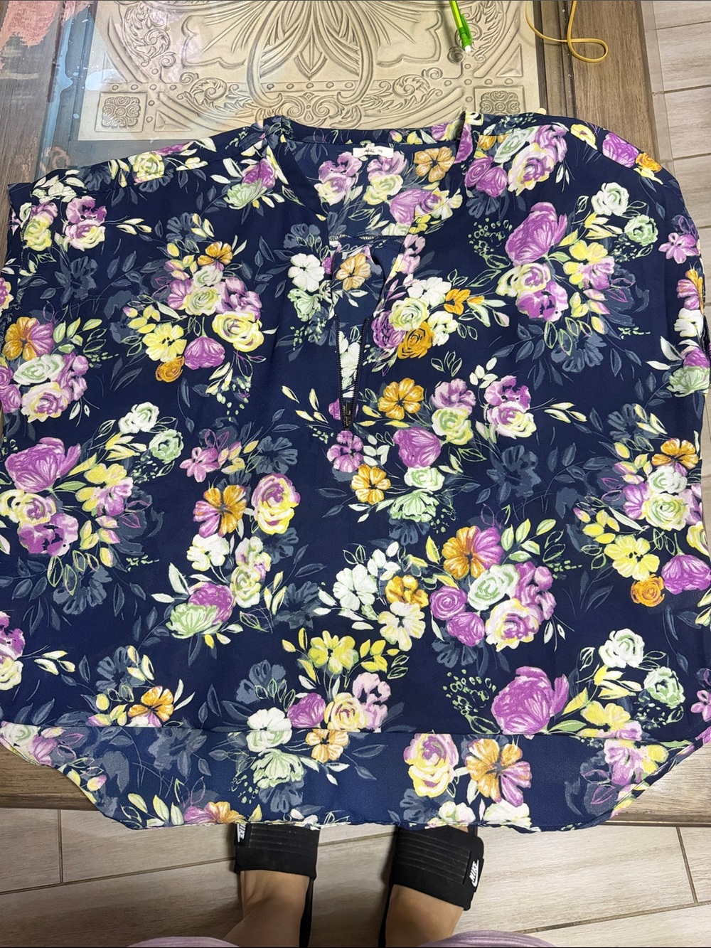 Maurices Navy Floral Blouse with Purple and Yellow Blooms